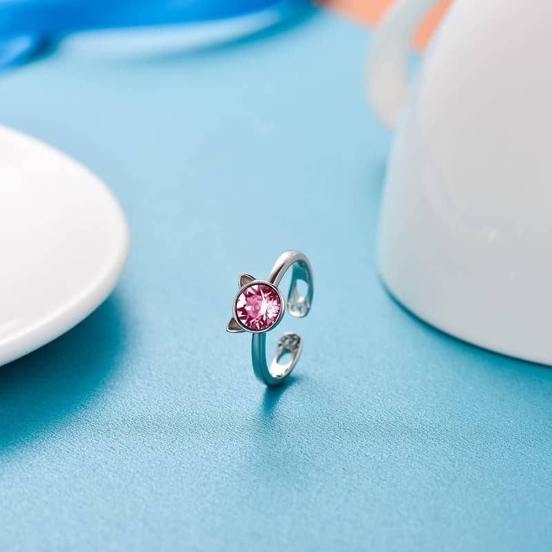 Cute Kitty 925 Sterling Silver Ring with Austrian Crystal for Women