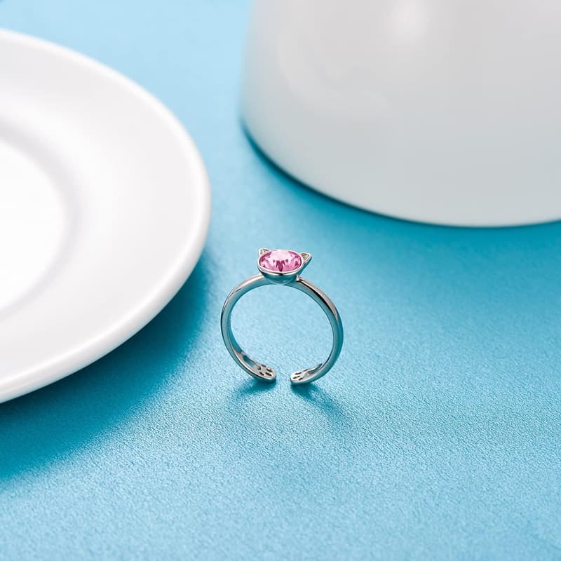 Cute Kitty 925 Sterling Silver Ring with Austrian Crystal for Women