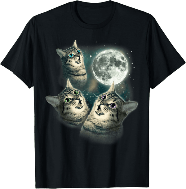 Cute Kitten Graphic T-Shirt with Three Cats and Moon