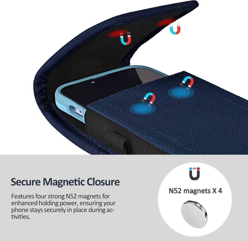 Belt Phone Holster with Metal Clip & Magnetic Closure - M-Blue