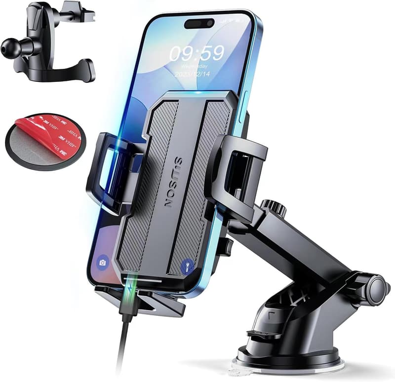 3-in-1 Car Phone Holder with Powerful Suction – Black