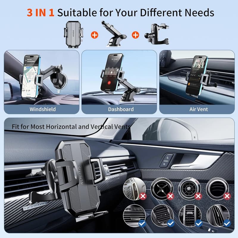 3-in-1 Car Phone Holder with Powerful Suction – Black
