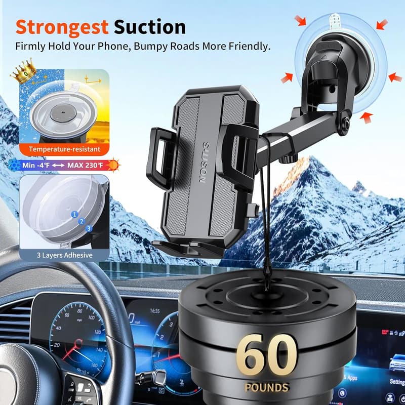 3-in-1 Car Phone Holder with Powerful Suction – Black
