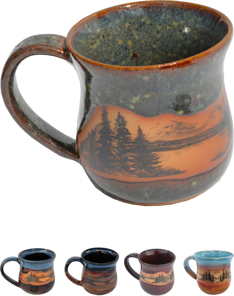 Handmade 14oz Ceramic Coffee Mug - Mountain Scene, Seamist