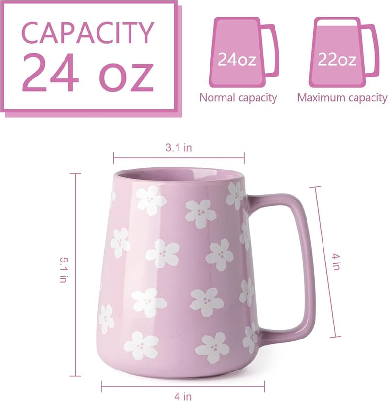 Extra Large Floral Ceramic Coffee Mug - 24 oz, Microwave Safe