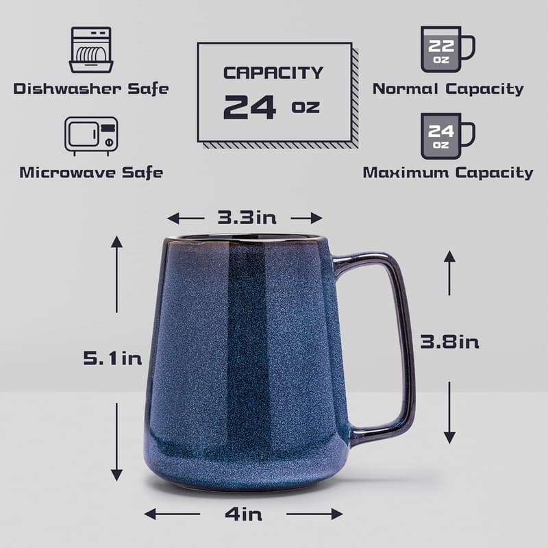 Oversized 24 Oz Ceramic Coffee Mug with Big Handle, Blue