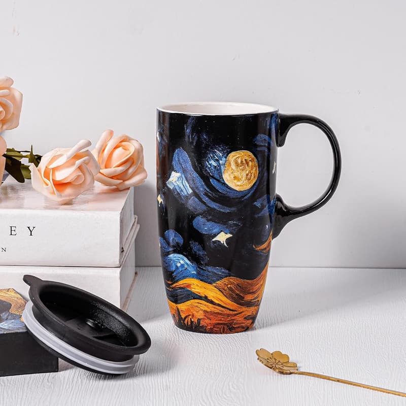 Starry Night 17oz Porcelain Coffee Mug with Lid in Gift Box