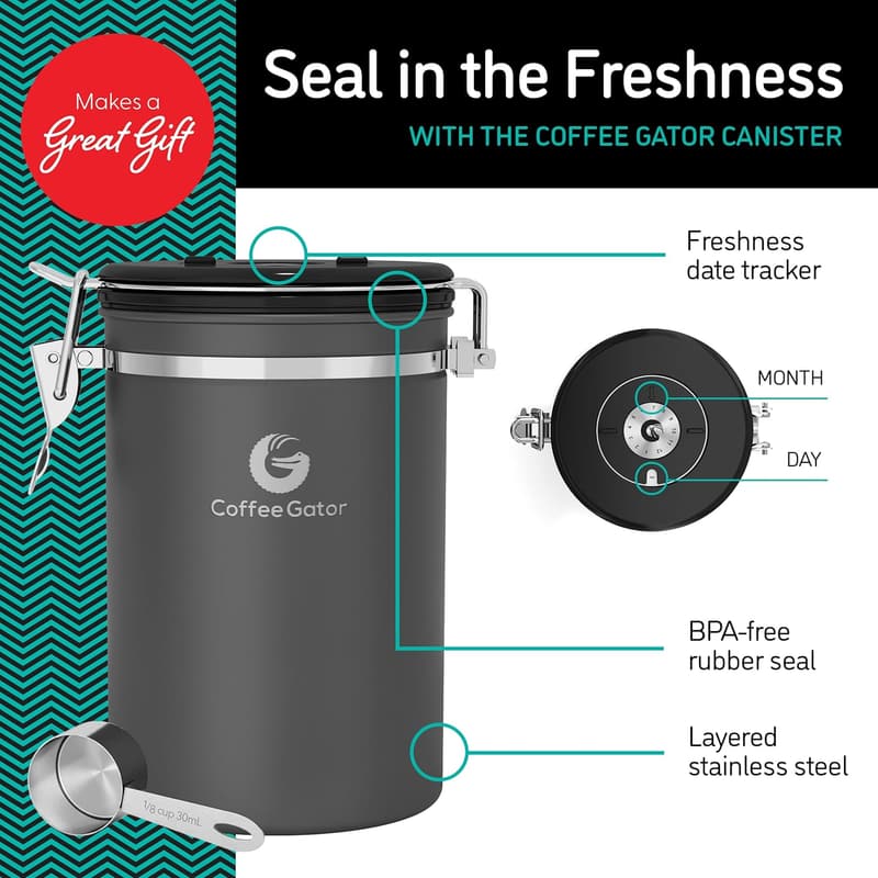 Airtight 22oz Stainless Steel Coffee Canister with Scoop