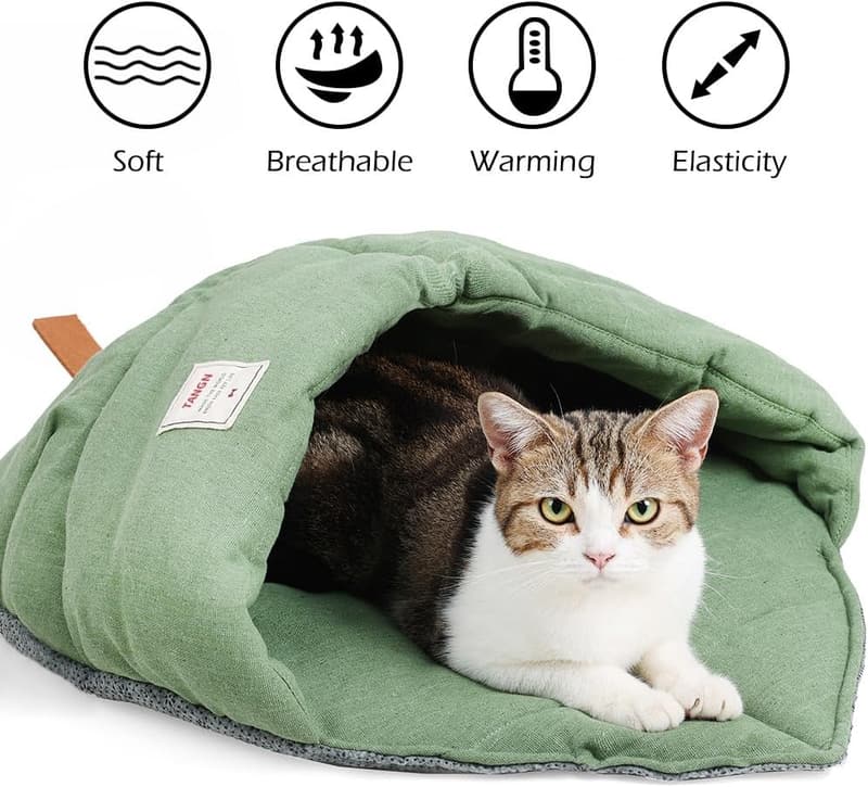 Cozy Linen Cat Sleeping Bag with Non-Slip Bottom (Green)