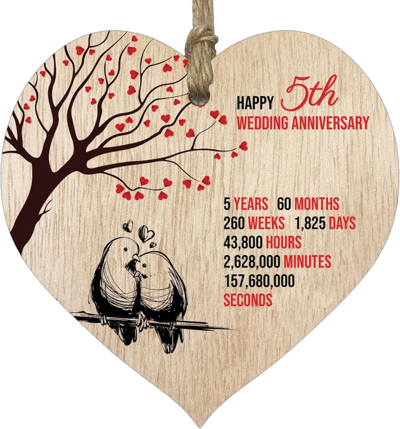 5th Anniversary Wooden Heart Plaque Keepsake for Couples