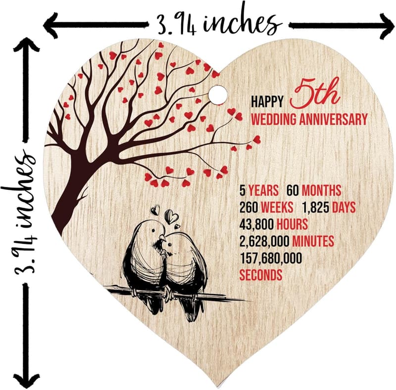 5th Anniversary Wooden Heart Plaque Keepsake for Couples