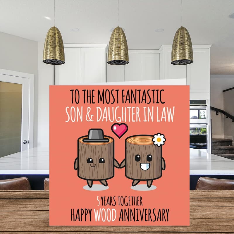 5th Anniversary Wooden Card for Son & Daughter-in-Law
