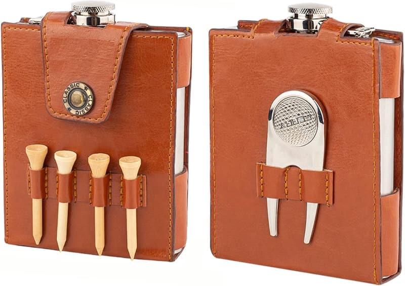 Golf Flask Gift Set - 7oz Flask with Leather Case & Accessories