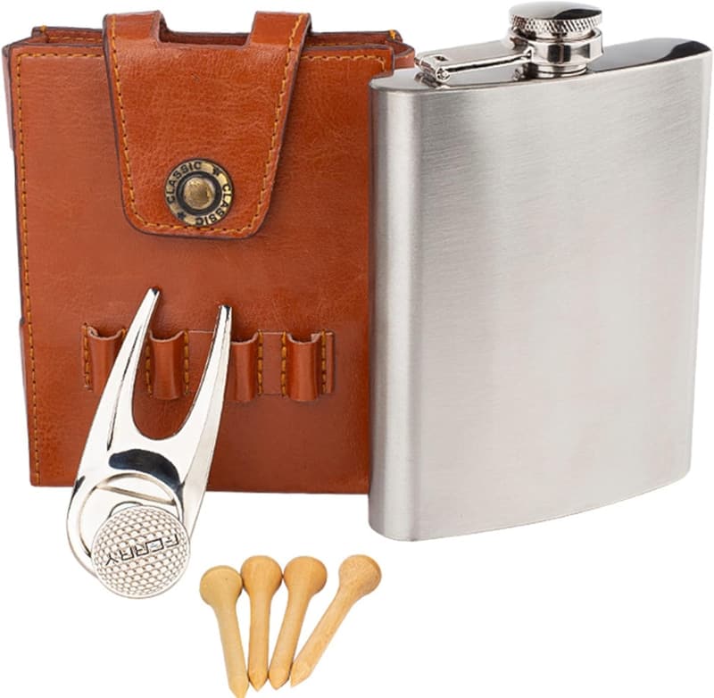 Golf Flask Gift Set - 7oz Flask with Leather Case & Accessories
