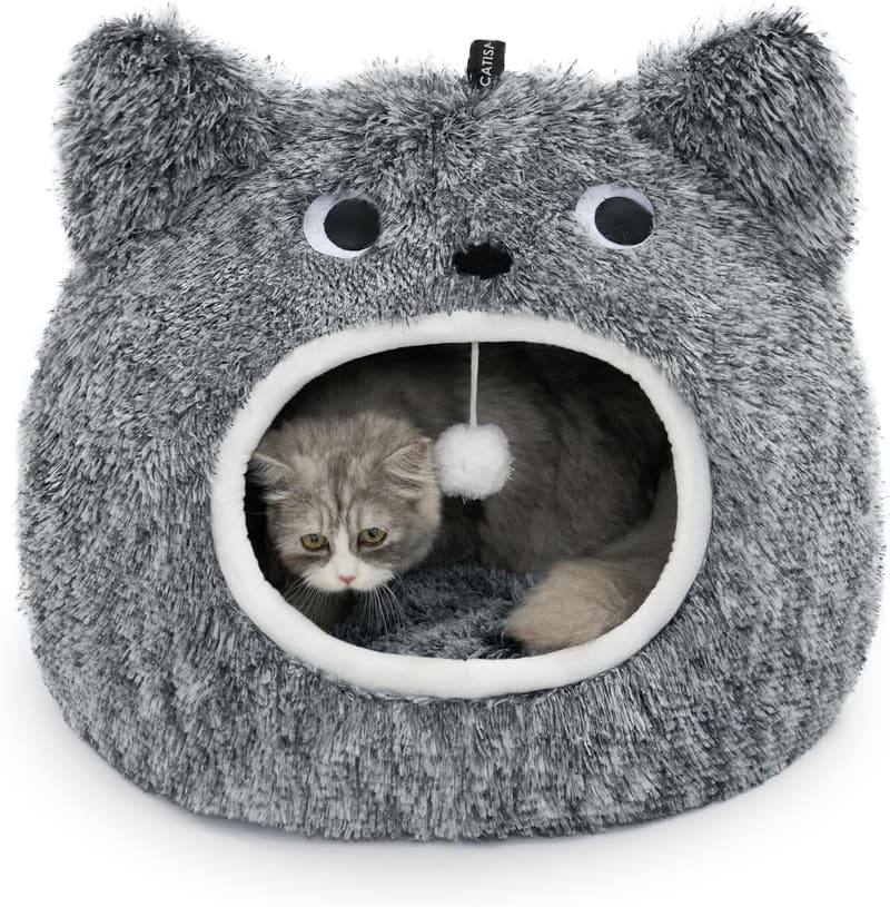 Indoor Cat Bed Cave with Washable Plush and Removable Pillow