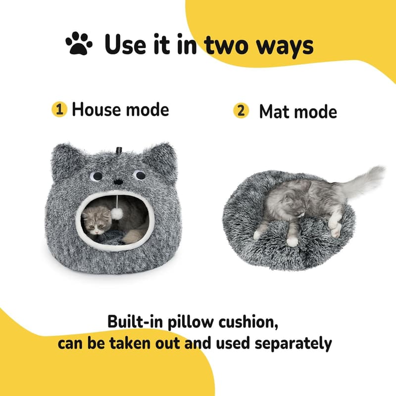 Indoor Cat Bed Cave with Washable Plush and Removable Pillow