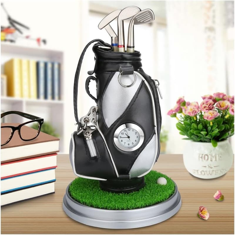 Golf Souvenir Set: Mini Desktop Bag Holder with Clock & Pens