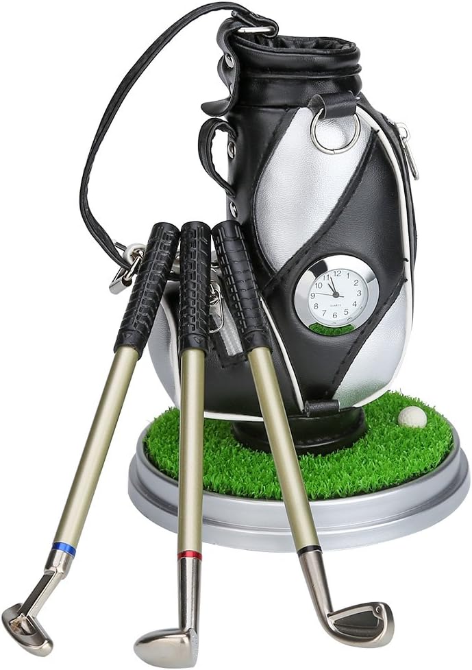 Golf Souvenir Set: Mini Desktop Bag Holder with Clock & Pens