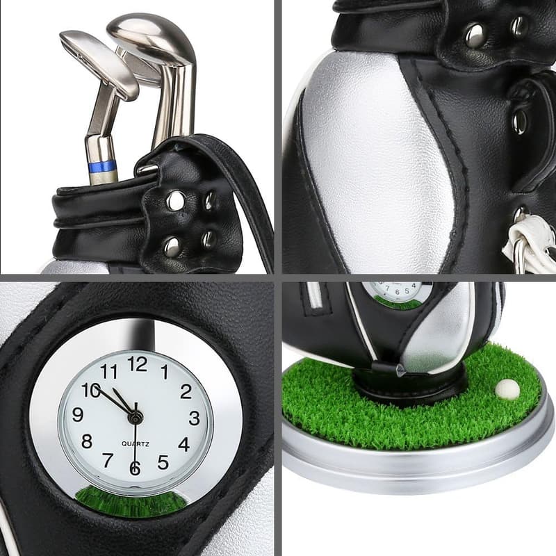 Golf Souvenir Set: Mini Desktop Bag Holder with Clock & Pens