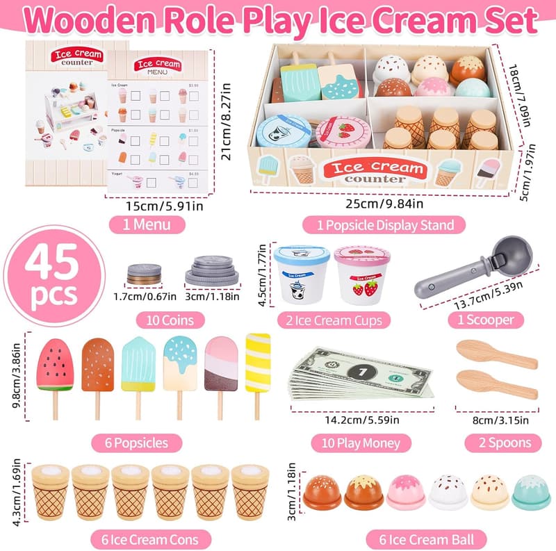 Wooden Ice Cream Set for Toddlers - Pretend Play Food Gift