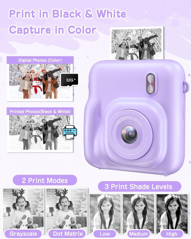 Kids Digital Camera with Selfie Lens - 48MP, Print Paper & 32GB Card
