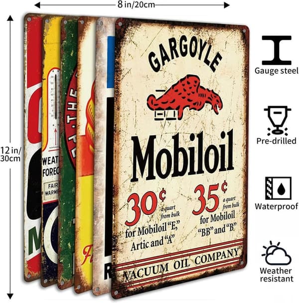 Vintage Garage Signs Decor Set for Man Cave - 6 Pieces