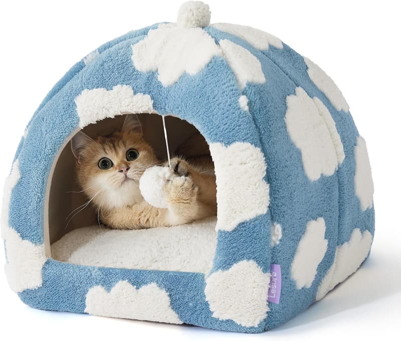 Cozy 2-in-1 Cat Cave Bed with Washable Pillow - Blue, 16