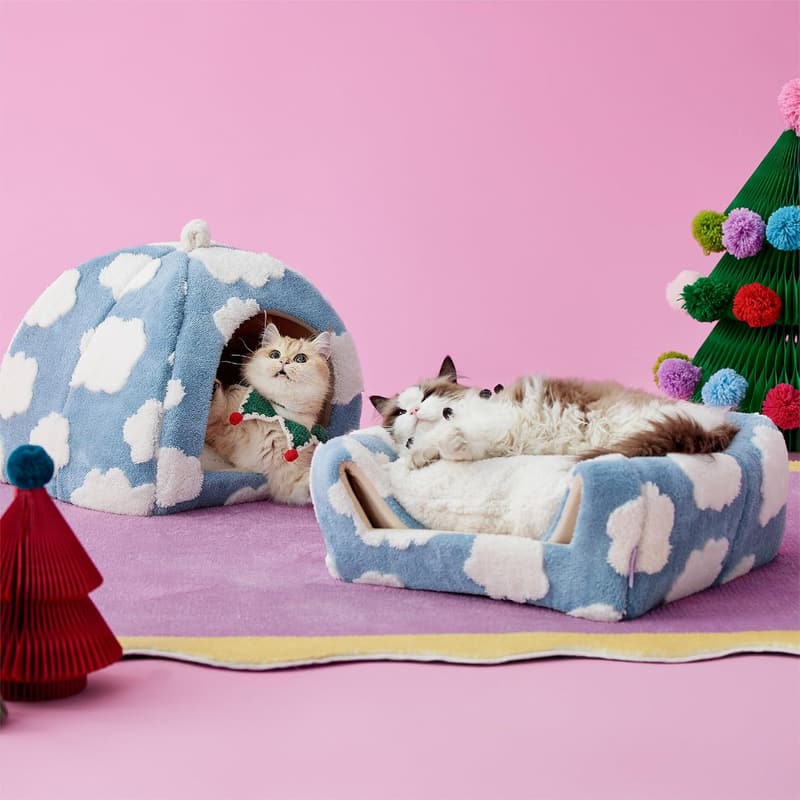 Cozy 2-in-1 Cat Cave Bed with Washable Pillow - Blue, 16