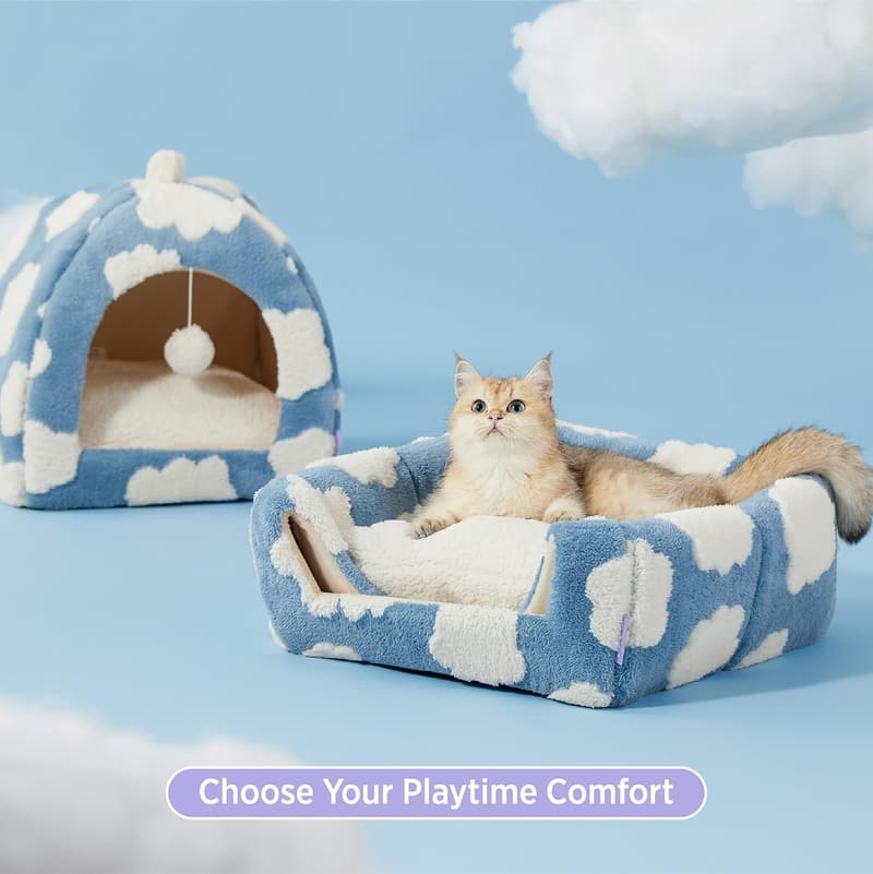 Cozy 2-in-1 Cat Cave Bed with Washable Pillow - Blue, 16
