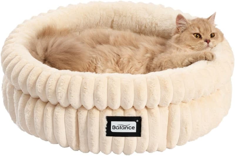 Washable Round Plush Cat Bed with Anti-Slip Bottom