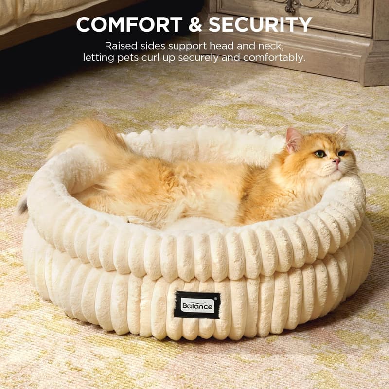 Washable Round Plush Cat Bed with Anti-Slip Bottom