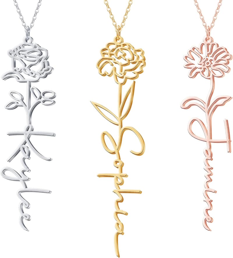 18K Gold Plated Floral Name Necklace for Bridesmaids