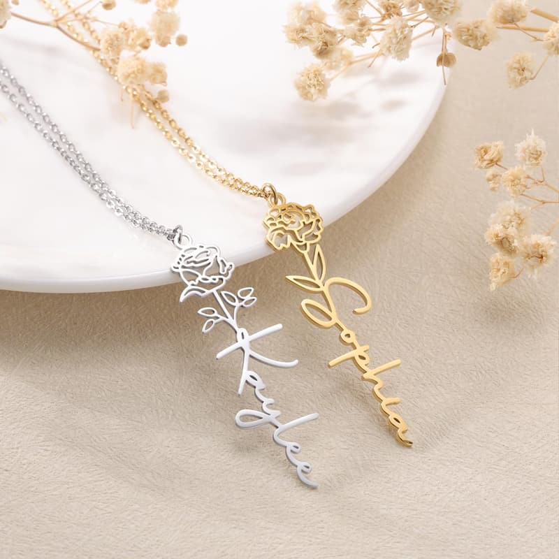 18K Gold Plated Floral Name Necklace for Bridesmaids