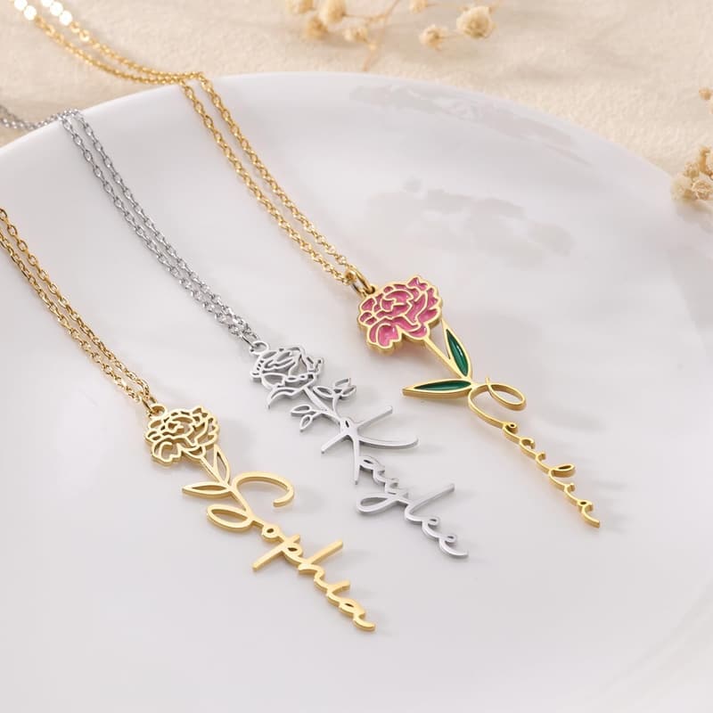 18K Gold Plated Floral Name Necklace for Bridesmaids
