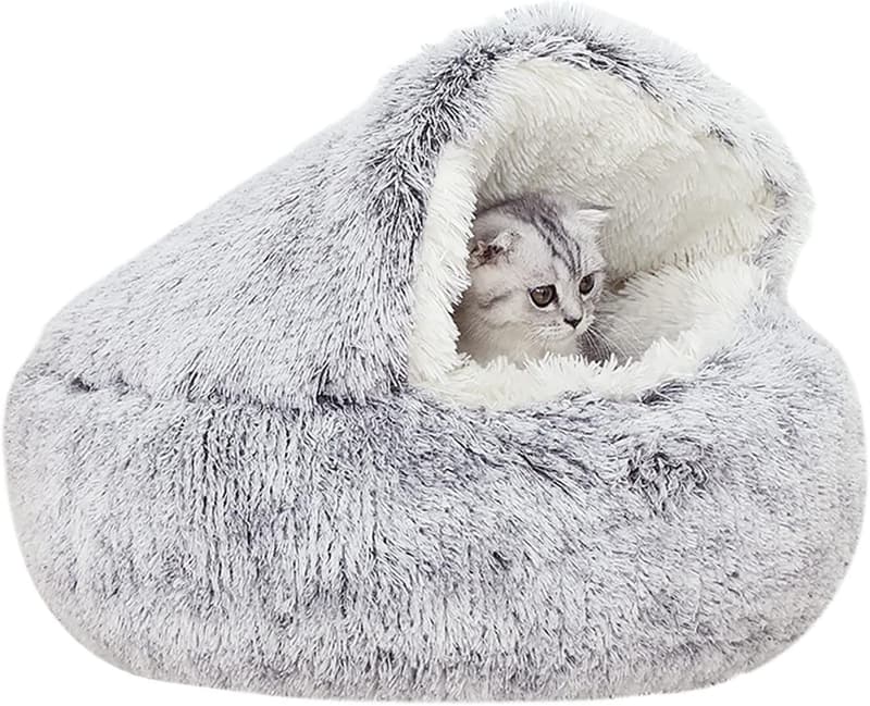 Hooded Cat Bed for Indoor Pets - Washable Plush Nest (Gray)