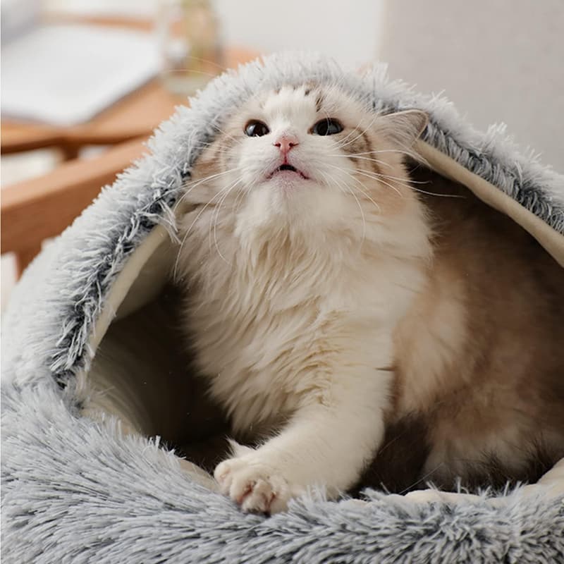Hooded Cat Bed for Indoor Pets - Washable Plush Nest (Gray)