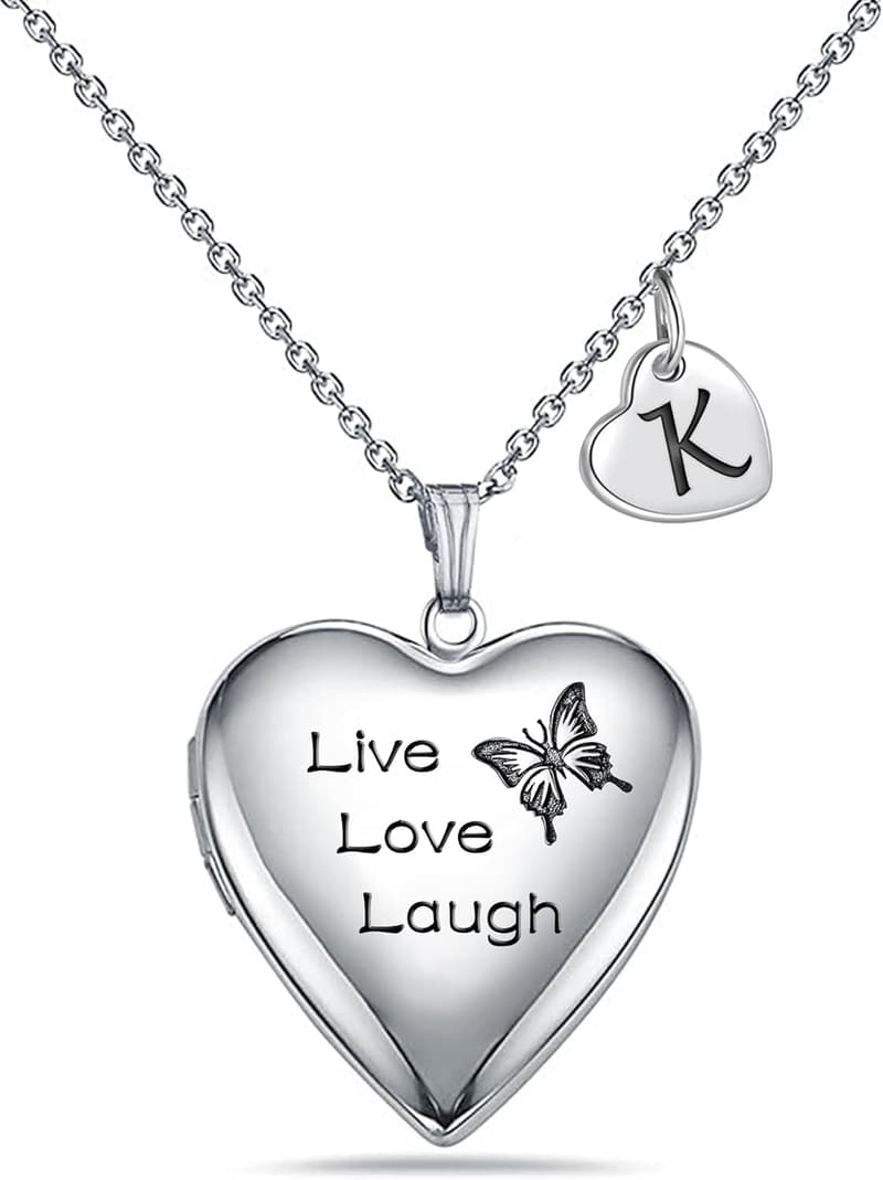 Heart-Shaped Butterfly Photo Locket Necklace with Initials