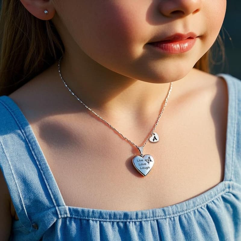 Heart-Shaped Butterfly Photo Locket Necklace with Initials