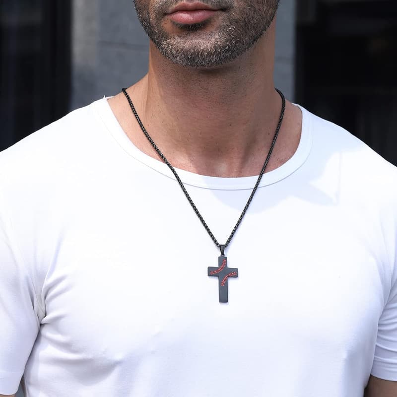 Graduation Baseball Cross Necklace for Boys, Stainless Steel 24