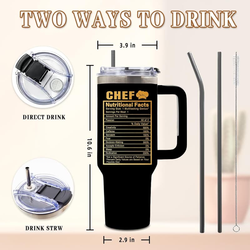 Birthday Gifts for Men: 40 Oz Chef Tumbler with Lid & Straw