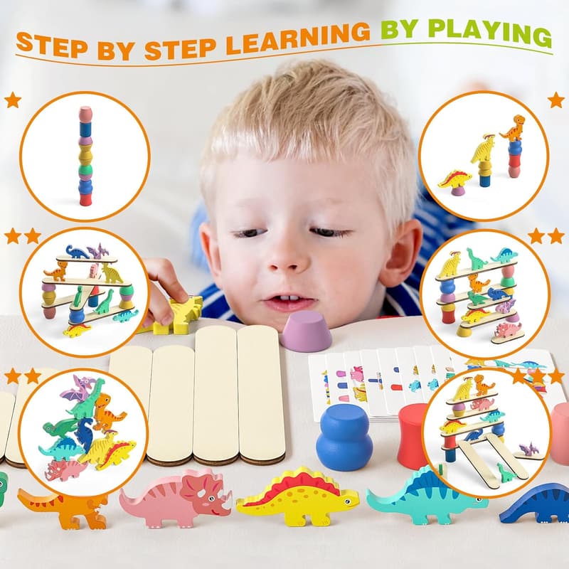 Wooden Dinosaur Sorting & Stacking Toys for Toddlers 2-4