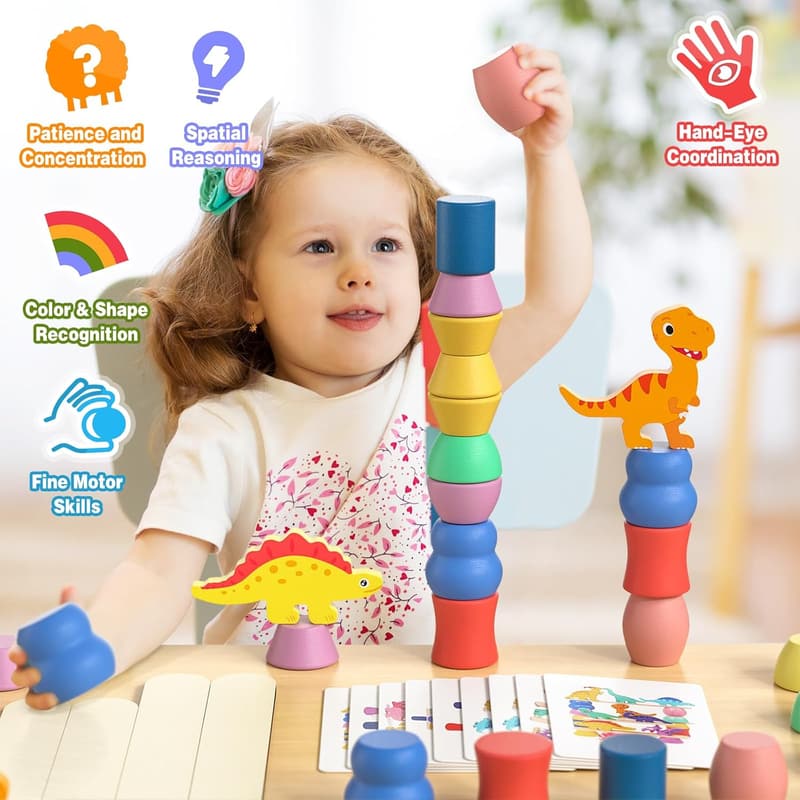 Wooden Dinosaur Sorting & Stacking Toys for Toddlers 2-4