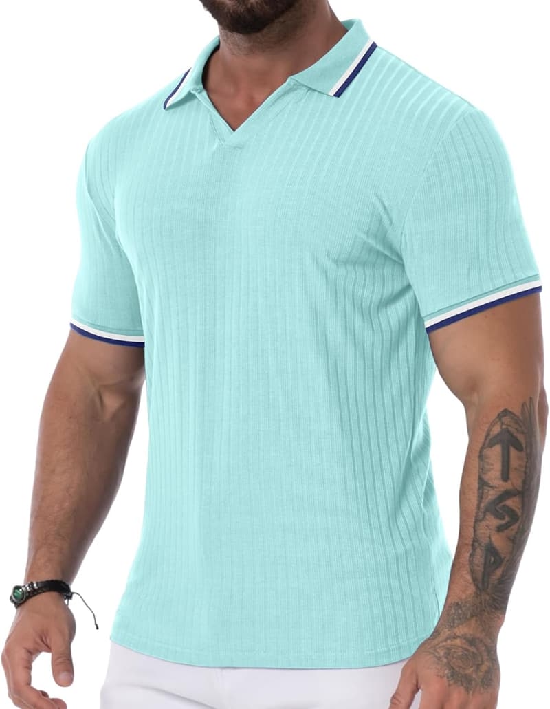 Men's Slim Fit V-Neck Polo Shirt - Casual Golf Knit Tee