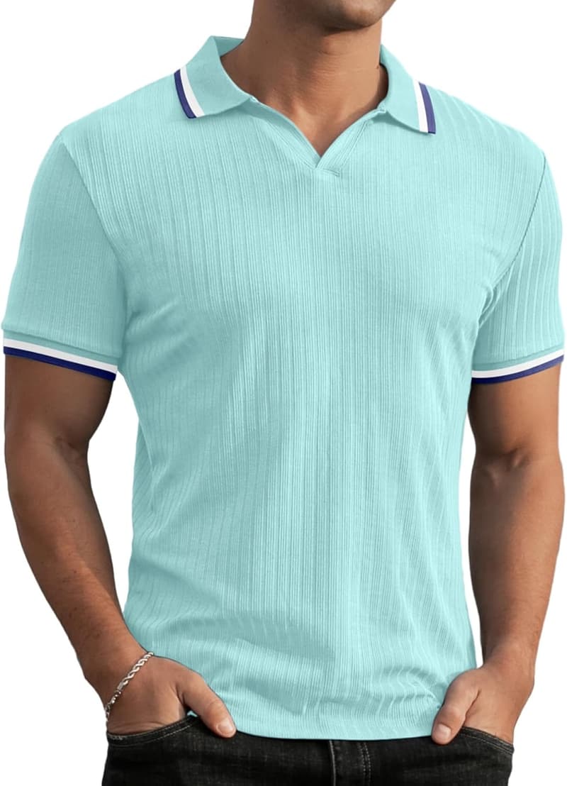 Men's Slim Fit V-Neck Polo Shirt - Casual Golf Knit Tee