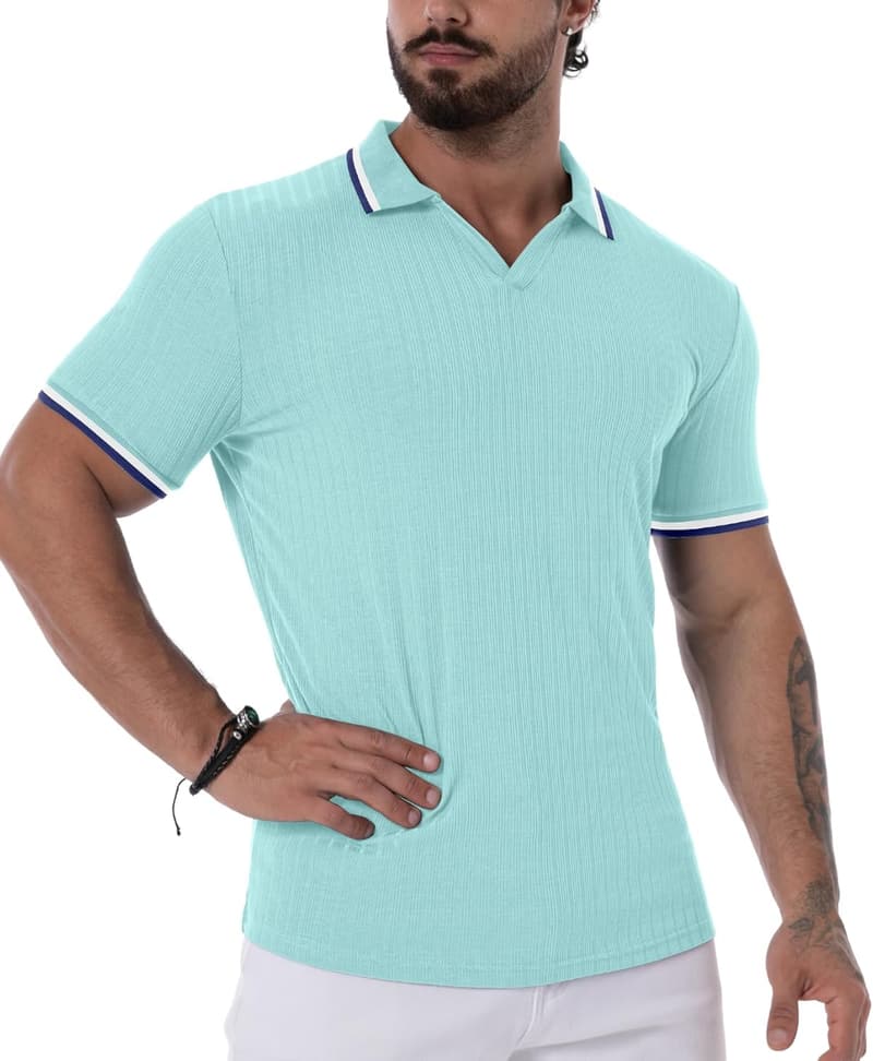 Men's Slim Fit V-Neck Polo Shirt - Casual Golf Knit Tee