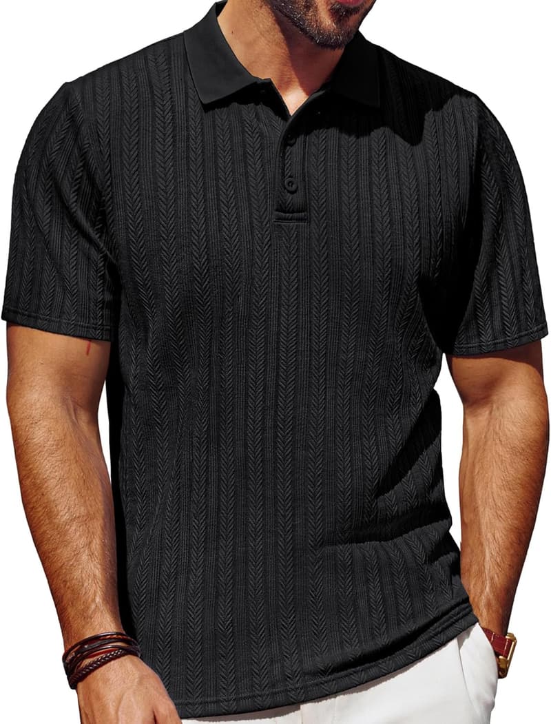 Men's Stretchy Textured Polo Shirt - Short Sleeve Fashion Wear