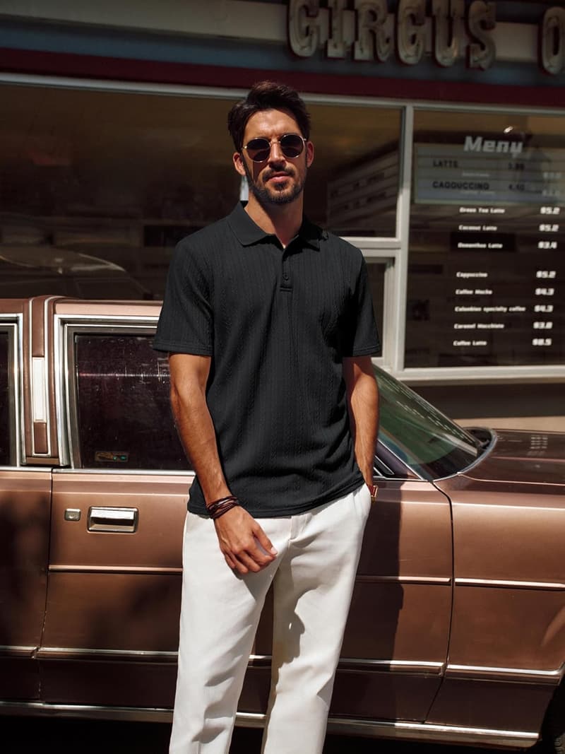 Men's Stretchy Textured Polo Shirt - Short Sleeve Fashion Wear