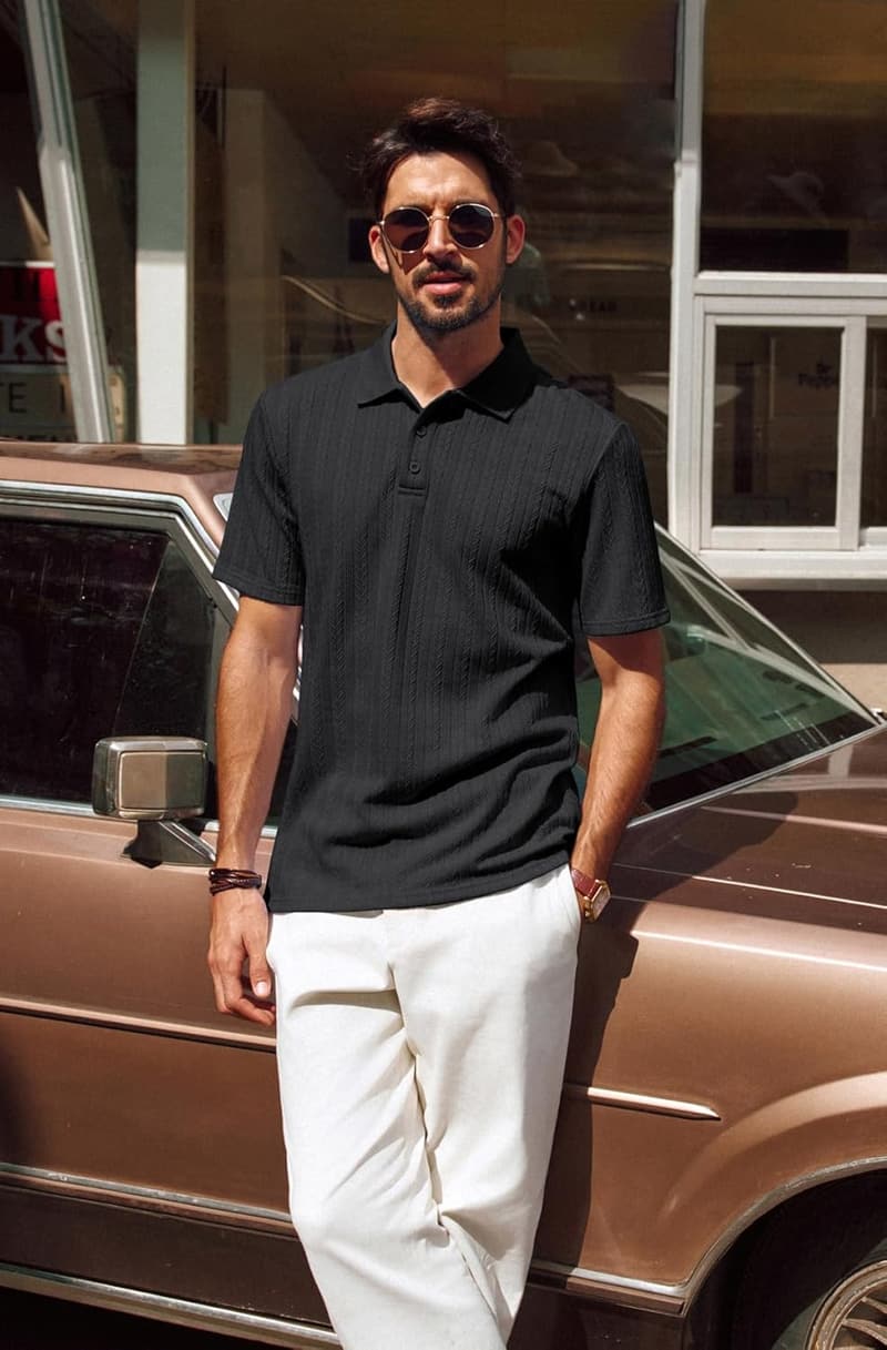 Men's Stretchy Textured Polo Shirt - Short Sleeve Fashion Wear