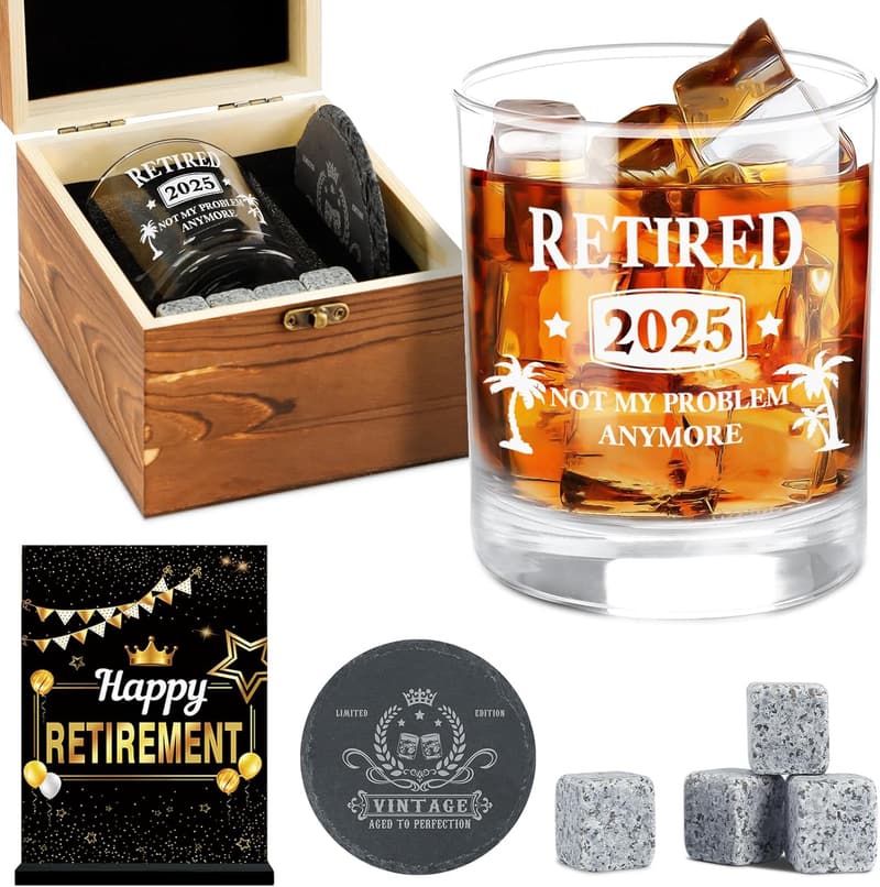 2025 Retirement Whiskey Glass Set for Him with Card & Coasters