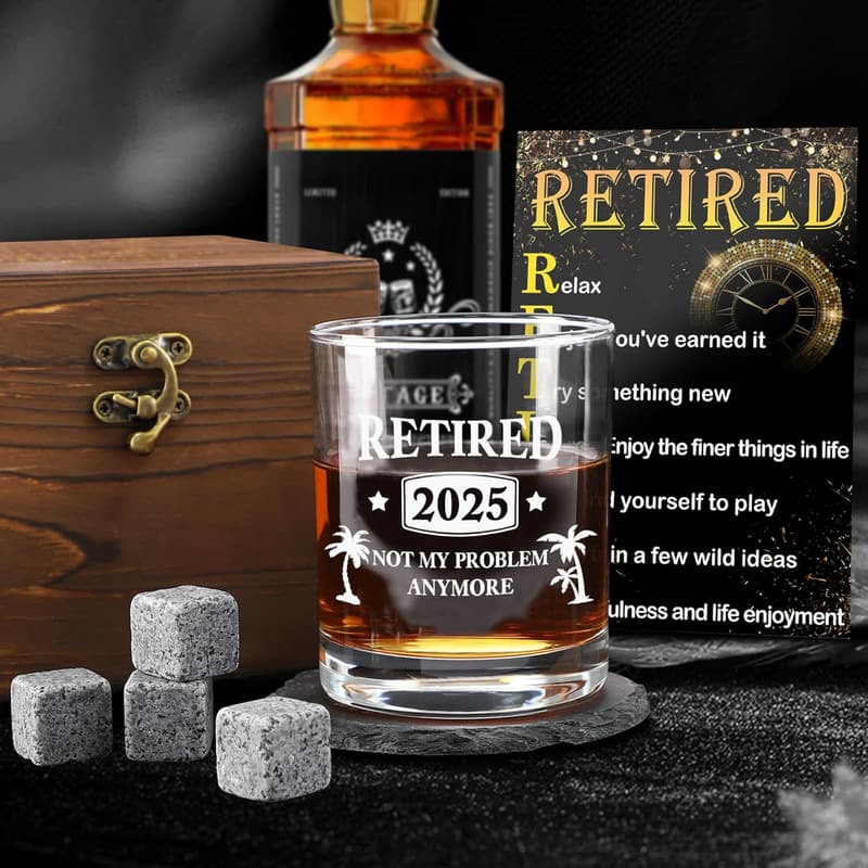2025 Retirement Whiskey Glass Set for Him with Card & Coasters